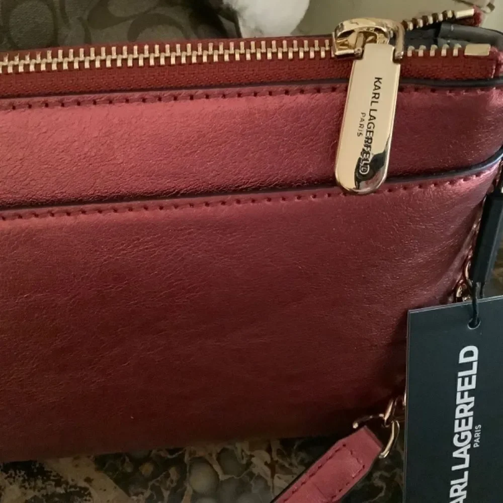 KARL LAGERFELD KAROLINA LIGHT METALLIC RED CRANBERRY CROSSBODY NEW WITH …